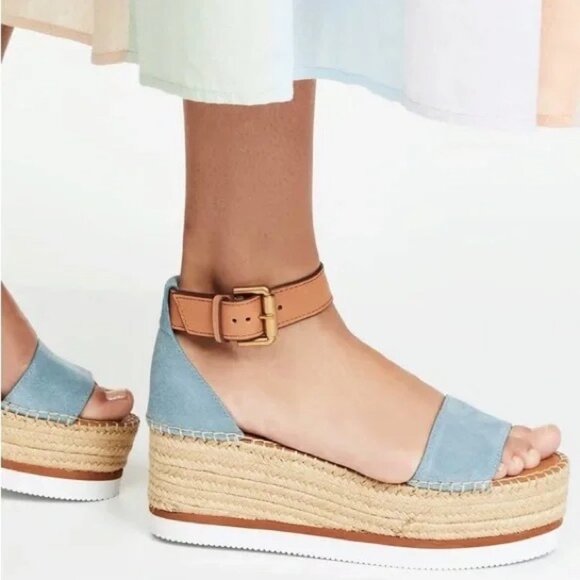 See by Chloé Blue Suede Platform Espadrille Sandals - Size US 10 / EU 40 - Picture 1 of 14